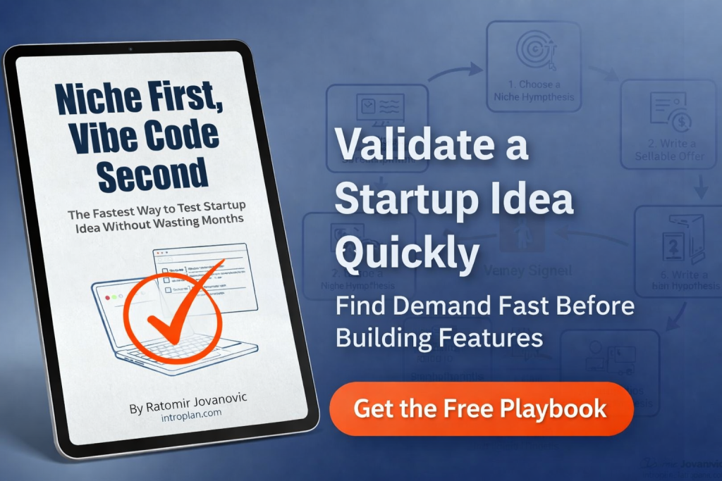 A tablet displays a book titled "Niche First, Vibe Code Second." Text beside it reads, "Validate a Startup Idea Quickly" with a button labeled "Get the Free Playbook.